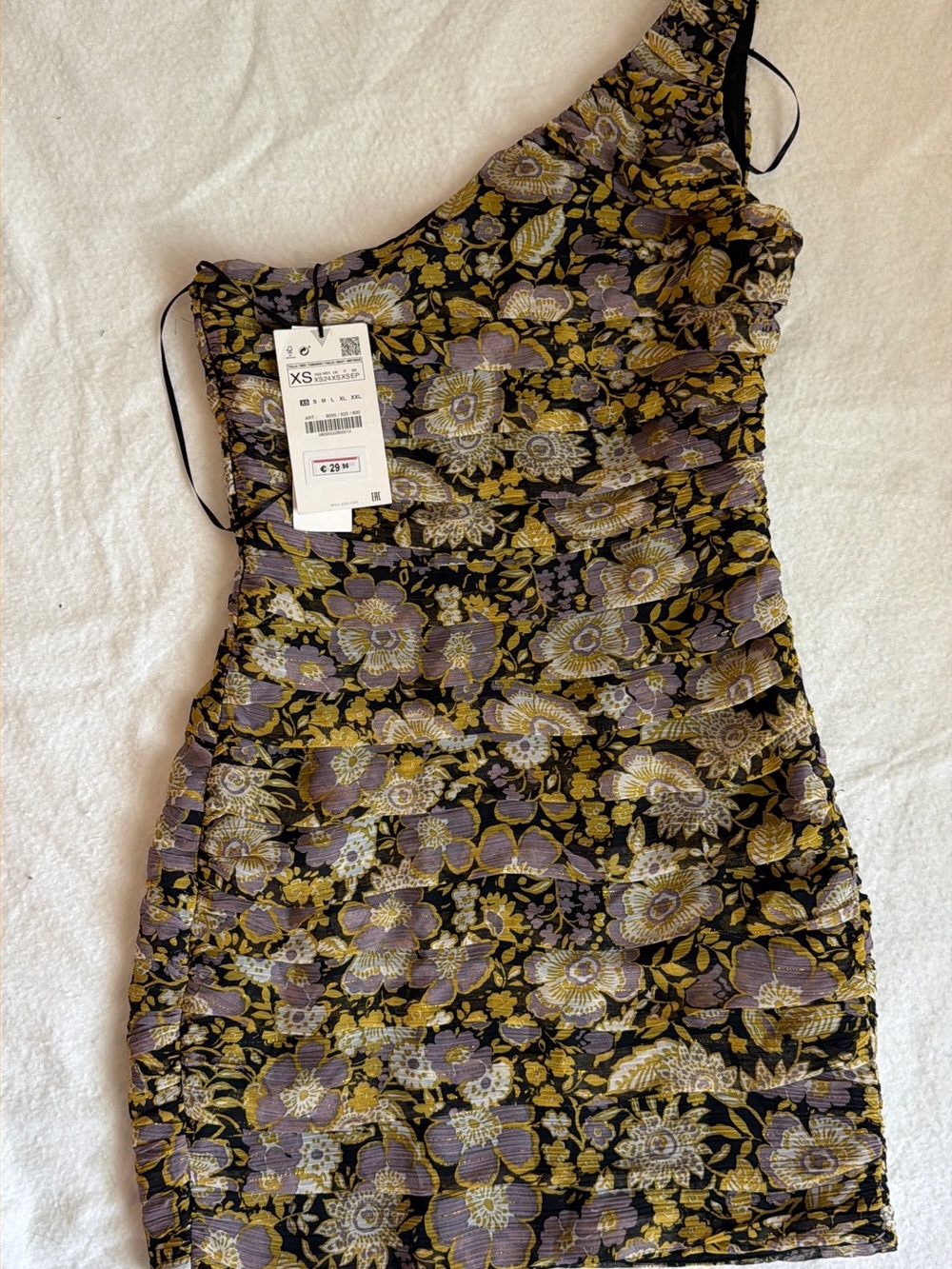 Zara One-Shoulder Floral Dress in Black, Gold, Purple